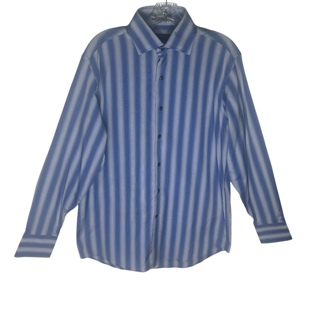 J. Ferrar Mens Blue‎ Striped 100% Cotton Long Sleeve Dress Shirt 15.5 34-35